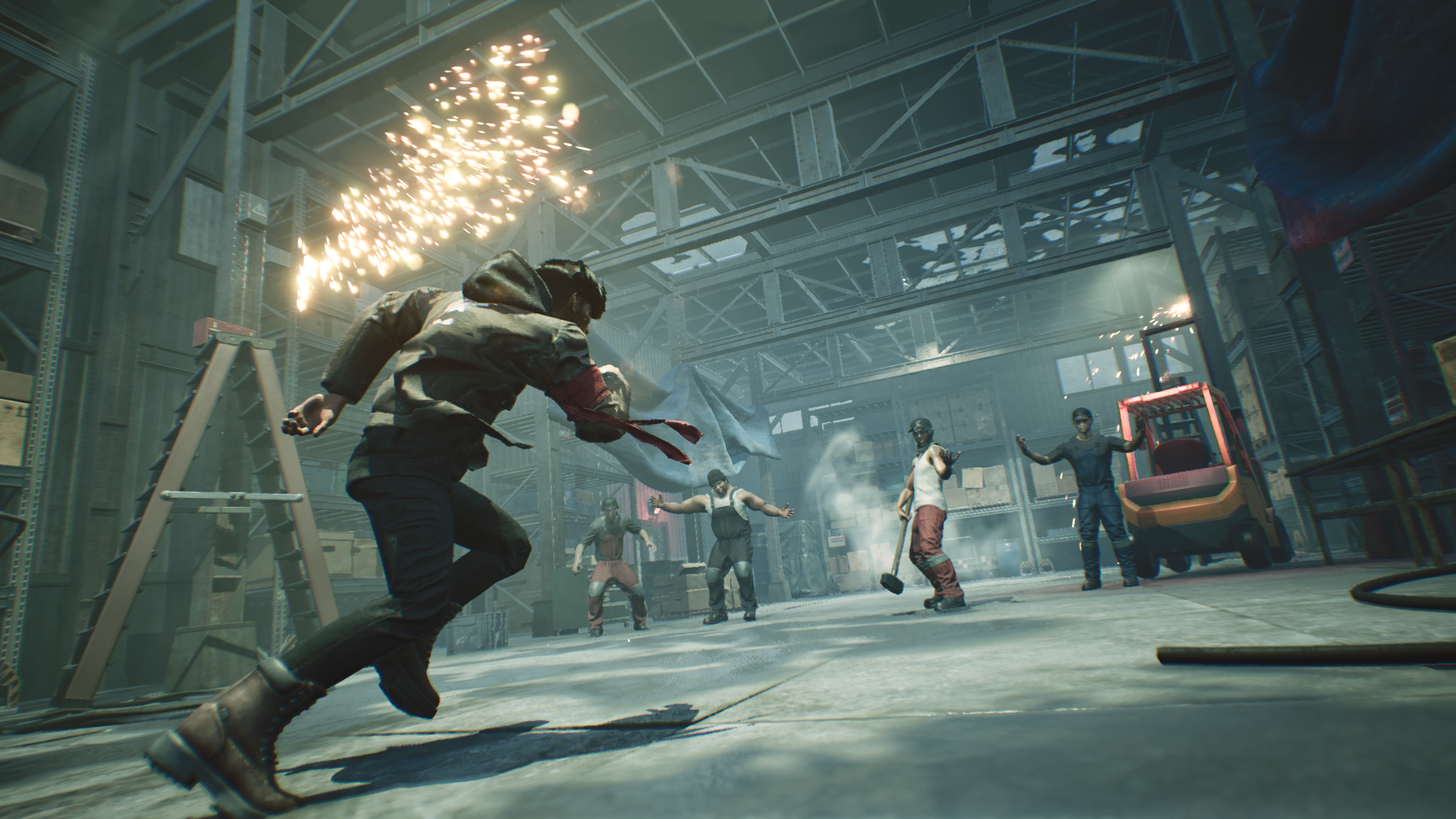 Hendra confronts a group of enemies inside an industrial warehouse.