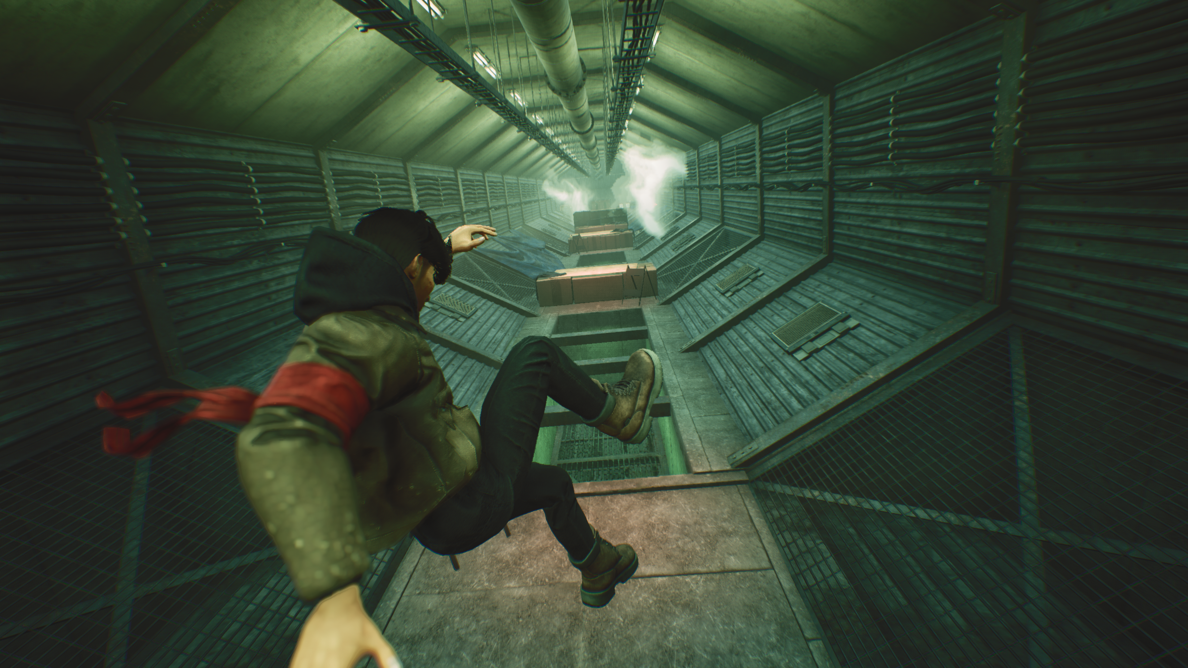 Hendra slides through an industrial shaft beneath pipes and steam.