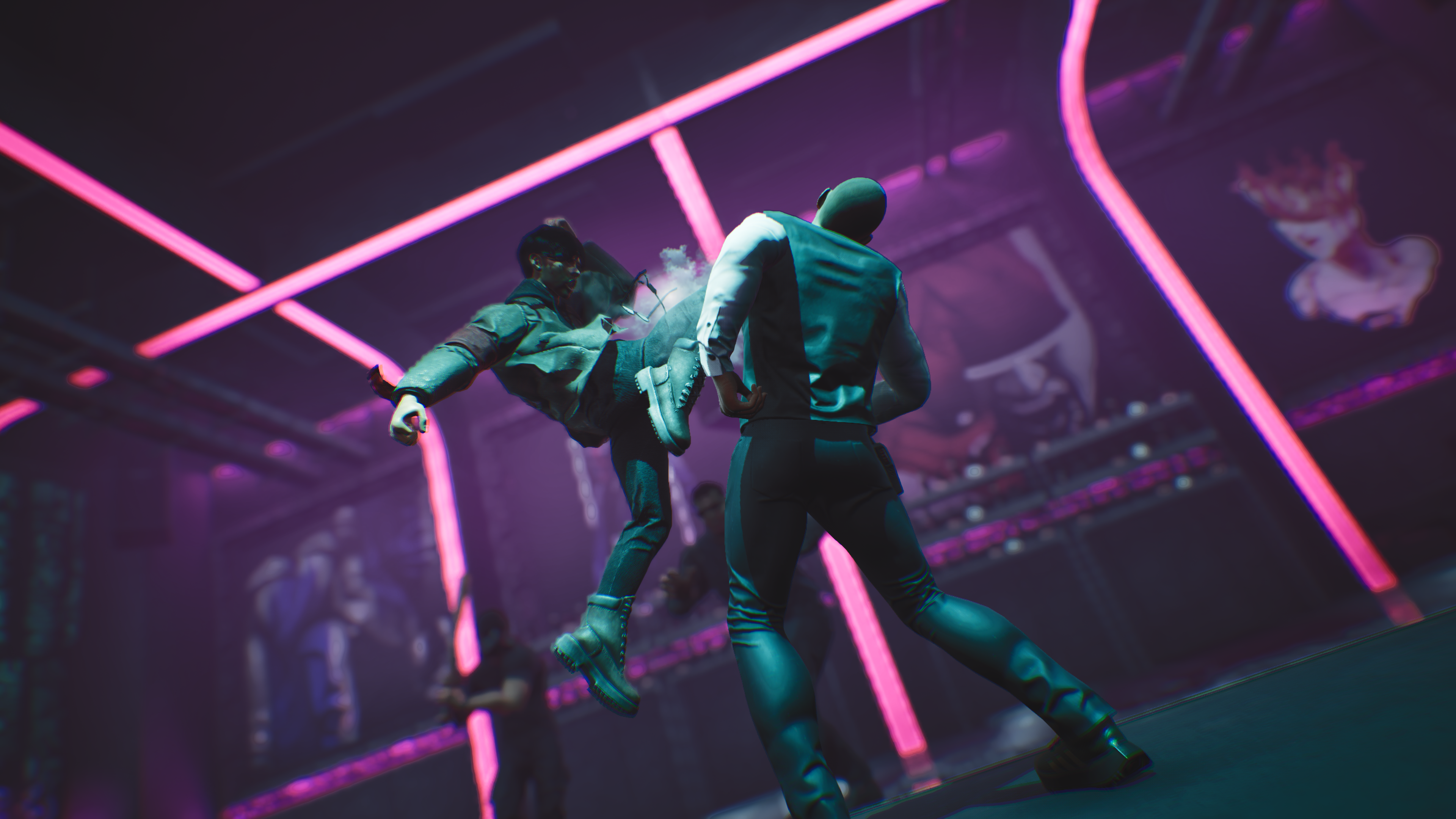 A character delivers an airborne kick to an opponent during combat in Acts of Blood.